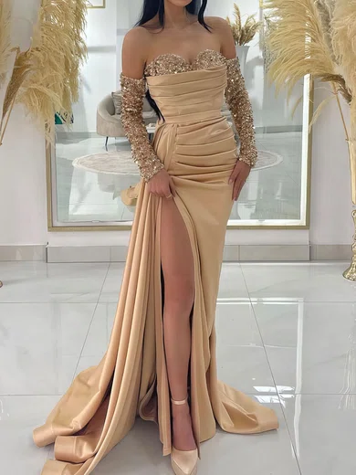 Sheath/Column Off-the-shoulder Satin Prom Dresses With Long Sleeves #Milly020125088