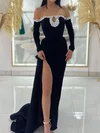 Modest Black Velvet Sheath/Column Ruched Pearl Prom Dresses #Milly020125096