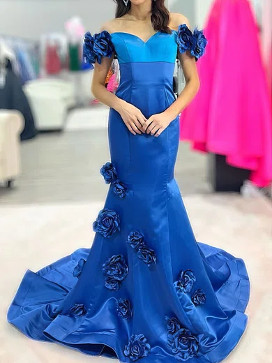 Mermaid Off-the-shoulder Satin 3D Floral Prom Dresses #Milly020125117
