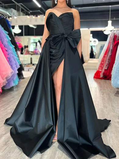 Black Ball Gown V-neck Satin Prom Dresses With Ruched #Milly020125129