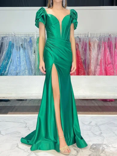 Sheath/Column V-neck Satin Corset Prom Dresses With Ruched #Milly020125133