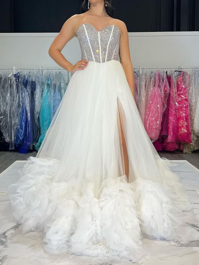 Ball Gown Strapless Tulle Ruffle Tiered Prom Dresses With Beading #Milly020125145