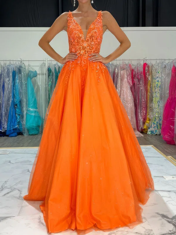 Ball Gown V-neck Tulle Prom Dresses With Appliques #Milly020125149