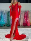 Glitter Sheath/Column Satin V-neck Beaded Split Prom Dresses #Milly020125153