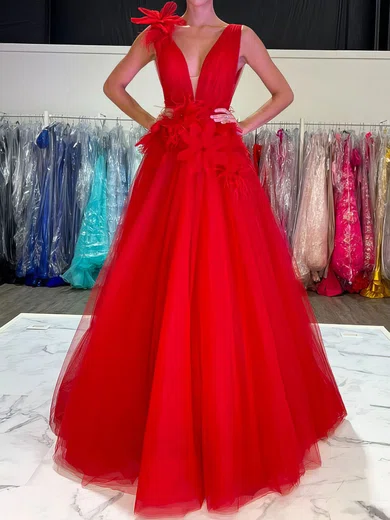 Ball Gown V-neck Tulle 3D Floral Prom Dresses With Ruched #Milly020125154