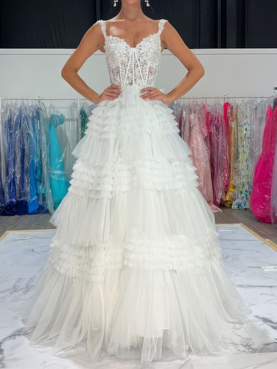 Ball Gown Sweetheart Tulle Ruffle Tiered Prom Dresses With Appliques #Milly020125156