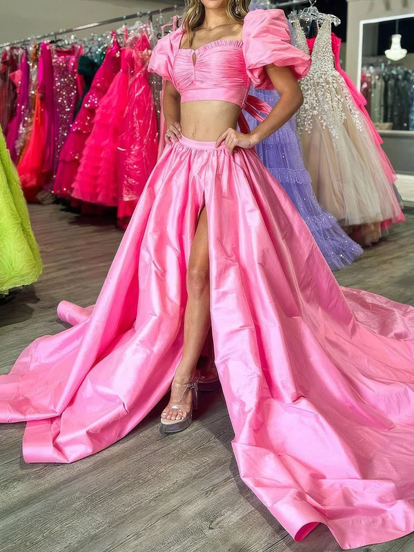 Ball Gown Square Neck Satin Two Piece Prom Dresses With Puff Sleeve #Milly020125160