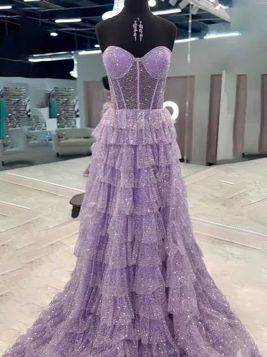 Ball Gown Strapless Tulle Ruffle Tiered Prom Dresses With Ruched #Milly020125163