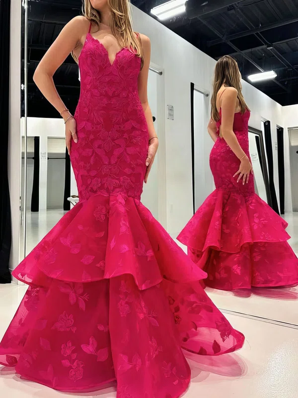 Mermaid V-neck Lace Tulle Cut Out Prom Dresses With Appliques #Milly020125186