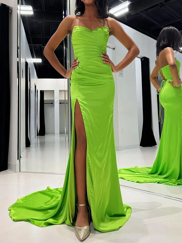 Elegant Sheath/Column Satin V-neck Ruched Split Prom Dresses #Milly020125209