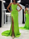 Elegant Sheath/Column Satin V-neck Ruched Split Prom Dresses #Milly020125209