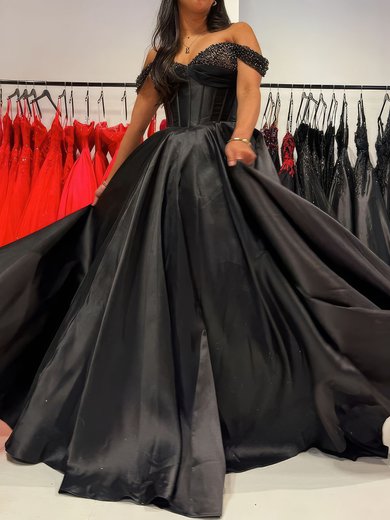 Modest Black Satin Ball Gown/Princess Ruched Beaded Prom Dresses #Milly020125211