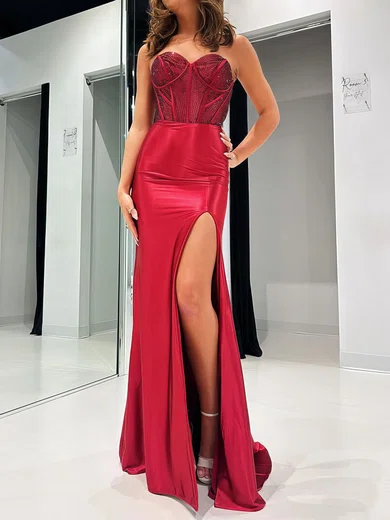 Sheath/Column Strapless Satin Corset Prom Dresses With Beading #Milly020125213