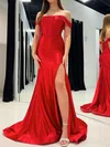 Corset Red Satin Trumpet/Mermaid Ruched Split Prom Dresses #Milly020125223