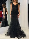 Glitter Black Trumpet/Mermaid Appliques Feathers Prom Dresses #Milly020125224