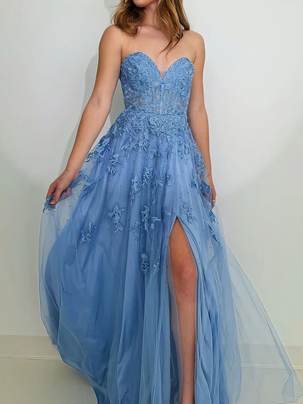 A-line Strapless Tulle Prom Dresses With Appliques #Milly020125228