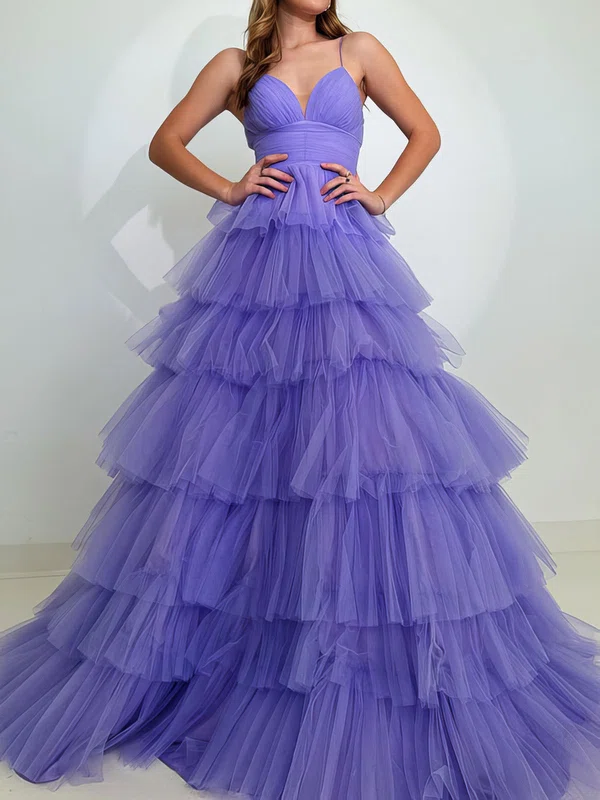 Puffy Ball Gown/Princess Tulle V-neck Ruffle Tiered Prom Dresses #Milly020125232