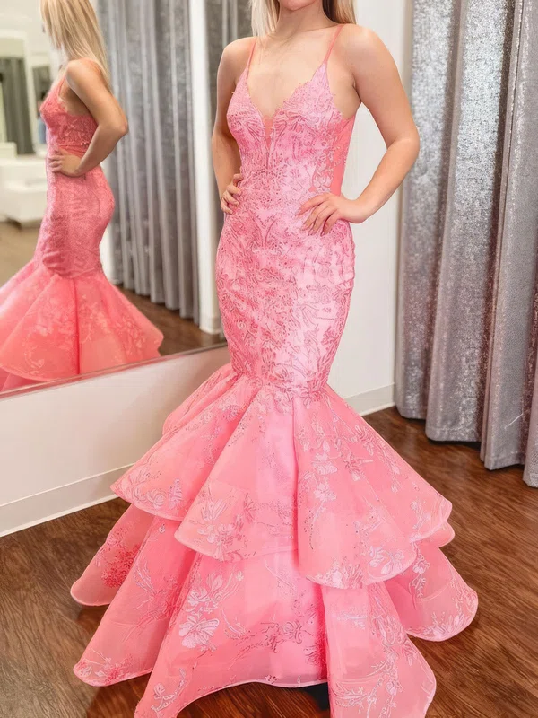 Cute Trumpet/Mermaid Lace Tulle V-neck Appliques Prom Dresses #Milly020125239