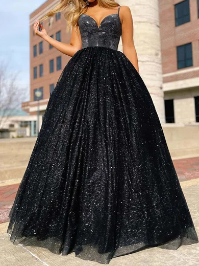 Black Ball Gown V-neck Tulle Prom Dresses With Beading #Milly020124831