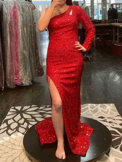 Sheath/Column One Shoulder Cut Out Sparkly Sequin Prom Dresses #Milly020124859