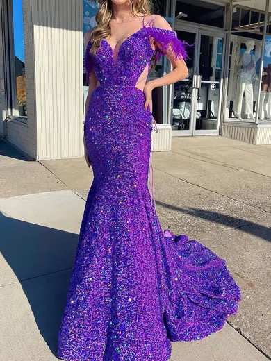 Mermaid V-neck Sparkly Sequin Prom Dresses With Feather #Milly020124877