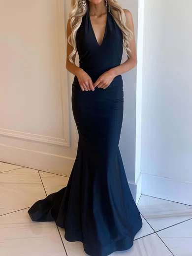 Black Mermaid Halter Jersey Backless Prom Dresses With Ruched #Milly020124895