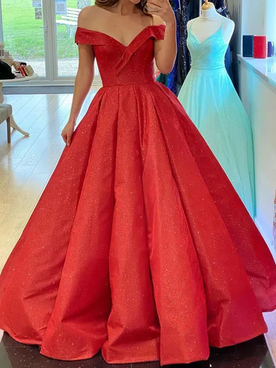 Ball Gown Off-the-shoulder Glitter Prom Dresses With Ruched #Milly020124908