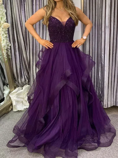 Princess V-neck Tulle Ruffle Prom Dresses With Beading #Milly020124909