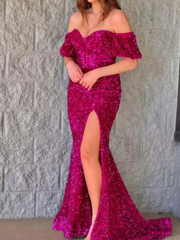 Sheath/Column Off-the-shoulder Sparkly Sequin Prom Dresses With Sleeves #Milly020124912
