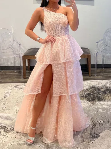 Ball Gown One Shoulder Sequin Tiered Prom Dresses With Appliques #Milly020124921