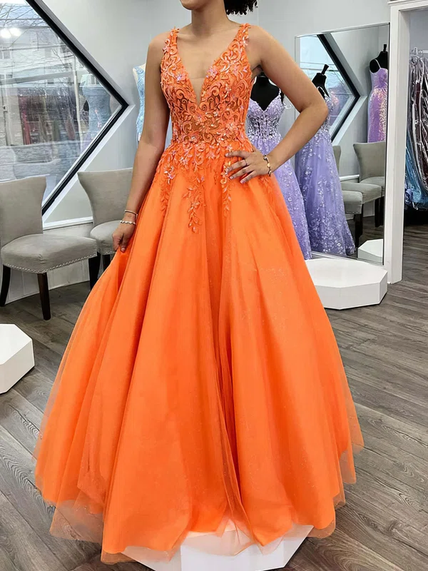Ball Gown V-neck Tulle Prom Dresses With Appliques #Milly020124923