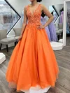 Ball Gown V-neck Tulle Prom Dresses With Appliques #Milly020124923