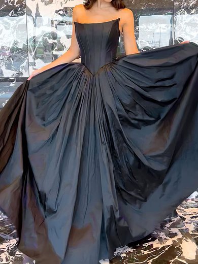 Modest Black Satin Ball Gown/Princess Straight Ruched Prom Dresses #Milly020124943