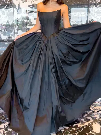 Black Ball Gown Strapless Satin Corset Prom Dresses With Ruched #Milly020124943