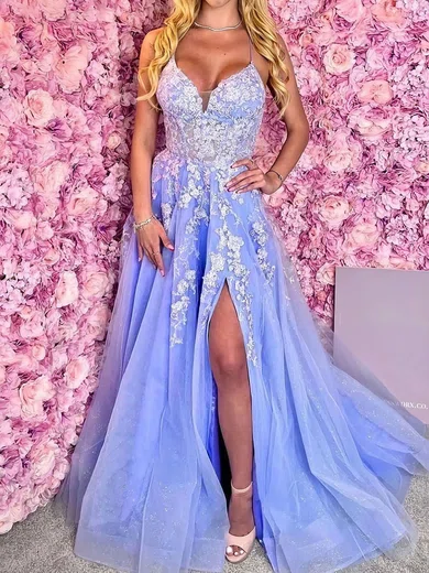 Ball Gown V-neck Tulle Prom Dresses With Appliques #Milly020124969
