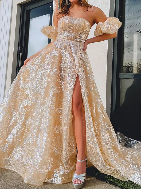Ball Gown Strapless Lace Prom Dresses With Puff Sleeve #Milly020124981