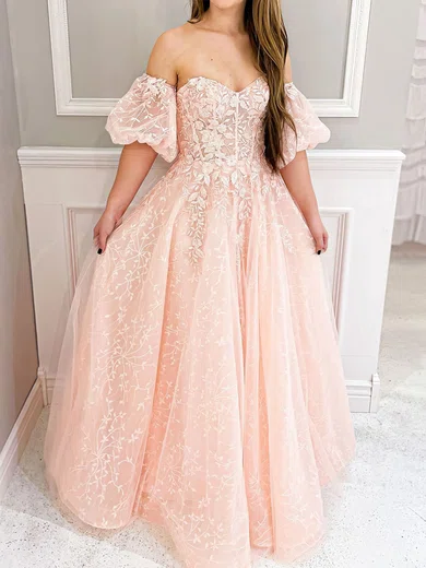 Ball Gown Off-the-shoulder Lace Tulle Prom Dresses With Puff Sleeve #Milly020124985