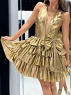 Unique Halter Skater Metallic Ruffle Tiered Homecoming Dresses #Milly02054773