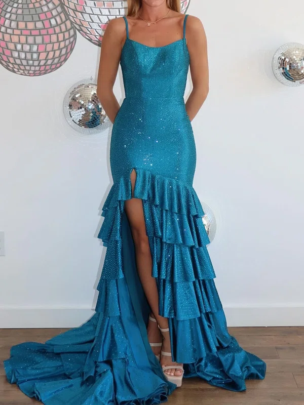 Mermaid Scoop Neck Satin Tiered Prom Dresses With Beading #Milly020125732