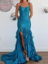 Mermaid Scoop Neck Satin Tiered Prom Dresses With Beading #Milly020125732