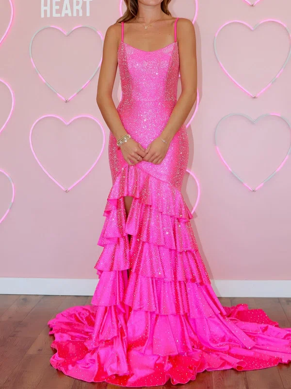 Glitter Trumpet/Mermaid Satin Tiered Ruffle Beaded Prom Dresses #Milly020125735