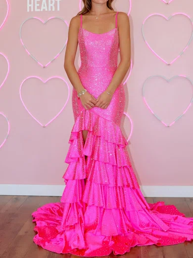 Mermaid Scoop Neck Satin Tiered Prom Dresses With Beading #Milly020125735