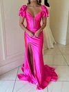 Elegant Sheath/Column Satin V-neck Ruched Split Prom Dresses #Milly020125740