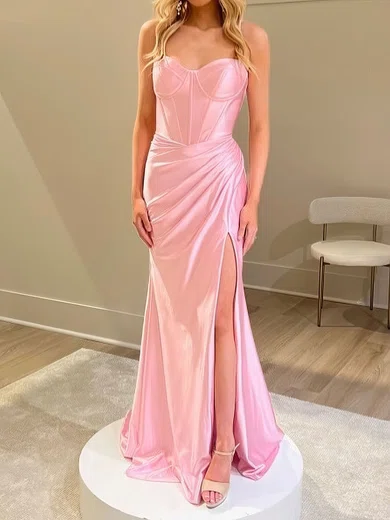 Sheath/Column Sweetheart Satin Corset Prom Dresses With Ruched #Milly020125744