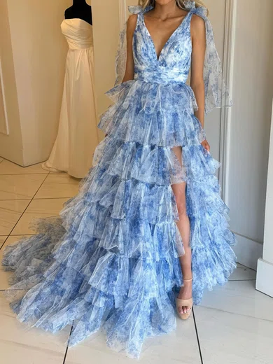 Ball Gown V-neck Tulle Ruffle Tiered Prom Dresses #Milly020125748