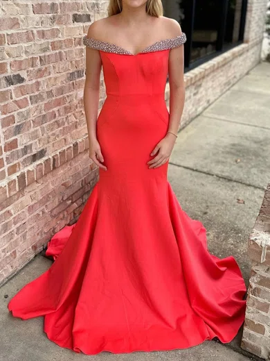Mermaid Off-the-shoulder Stretch Crepe Prom Dresses With Beading #Milly020125757