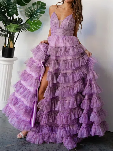 Ball Gown V-neck Tulle Floral Ruffle Tiered Prom Dresses #Milly020125761