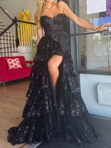 Ball Gown Strapless Tulle Tiered Prom Dresses With Appliques #Milly020125762