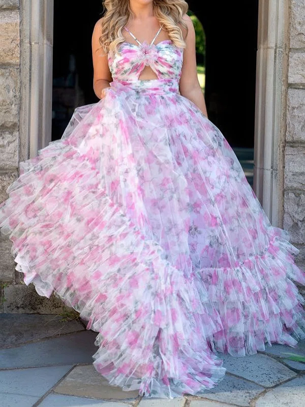 Cute Ball Gown/Princess Tulle Halter Ruffle Floral Prom Dresses #Milly020125765