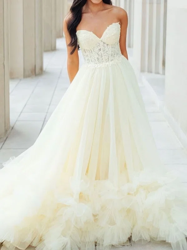 Princess Strapless Tulle Ruffle Prom Dresses With Appliques #Milly020125767